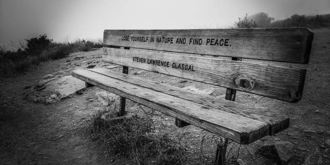 A black-and-white image of a bench